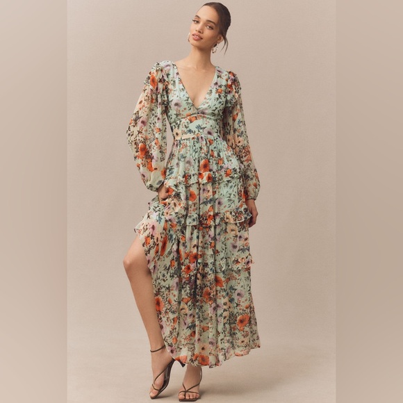 BHLDN Dresses & Skirts - BHLDN Floral Chiffon Plunge Long-Sleeve Ruffle Maxi Dress Sz XS